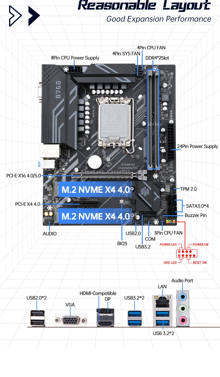 HUANANZHI B760M D4 M-ATX DDR4 Motherboard Support 12 13 Gen（ Intel LGA 1700 CPU 12100F/12400F/12490F/12600F/12700F/13600F）