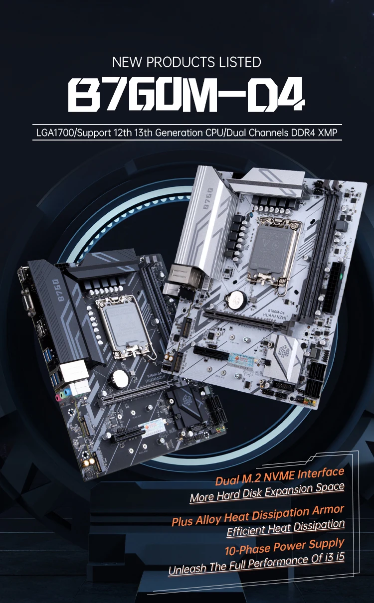 HUANANZHI B760M D4 M-ATX DDR4 Motherboard Support 12 13 Gen（ Intel LGA 1700 CPU 12100F/12400F/12490F/12600F/12700F/13600F）
