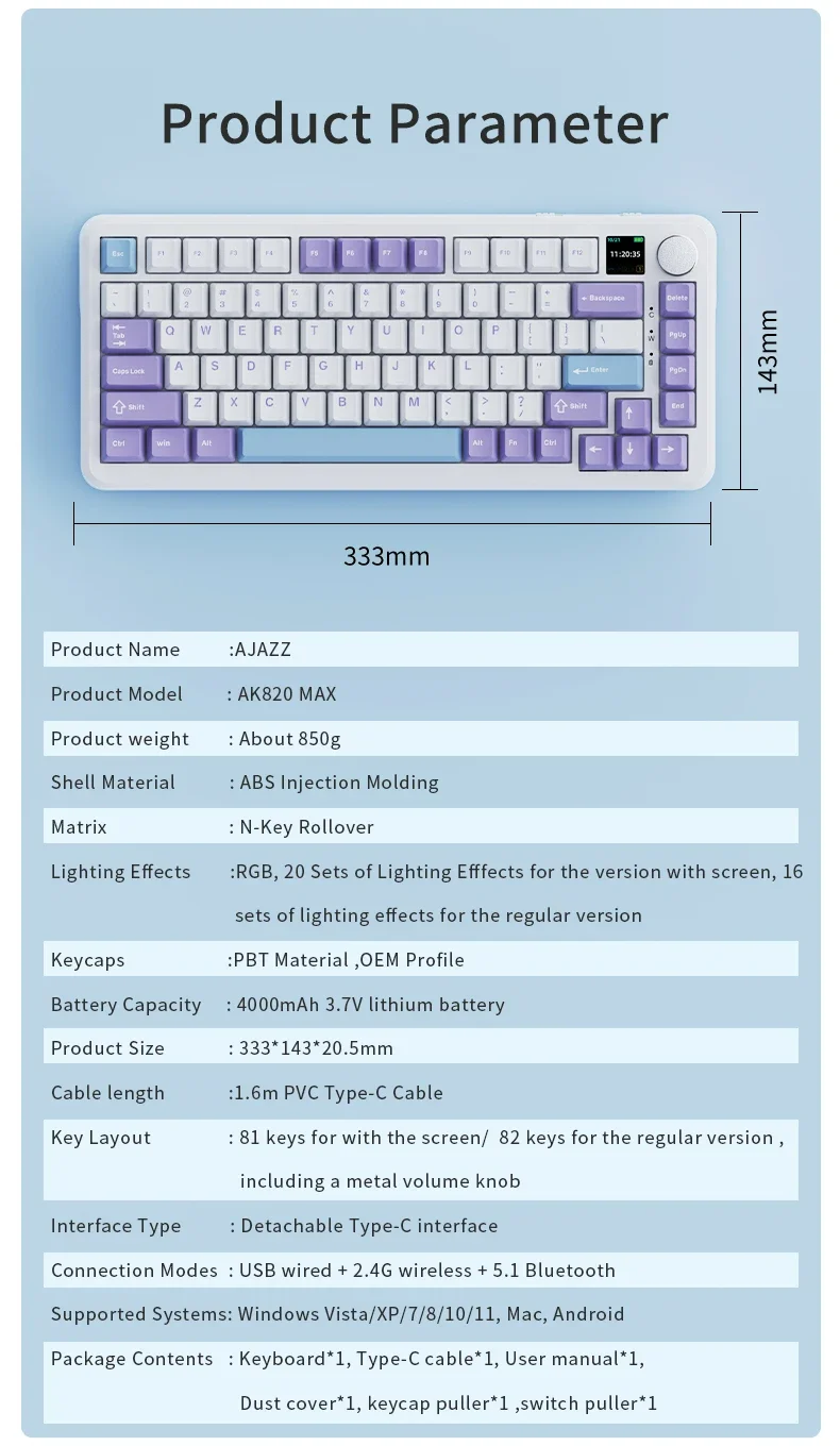 AJAZZ AK820 MAX Tri-mode RGB Gaming Mechanical Keyboard Bluetooth Wireless 2.4G Type C 82 Keys PBT Keycaps Hot Swap for Gamer PC