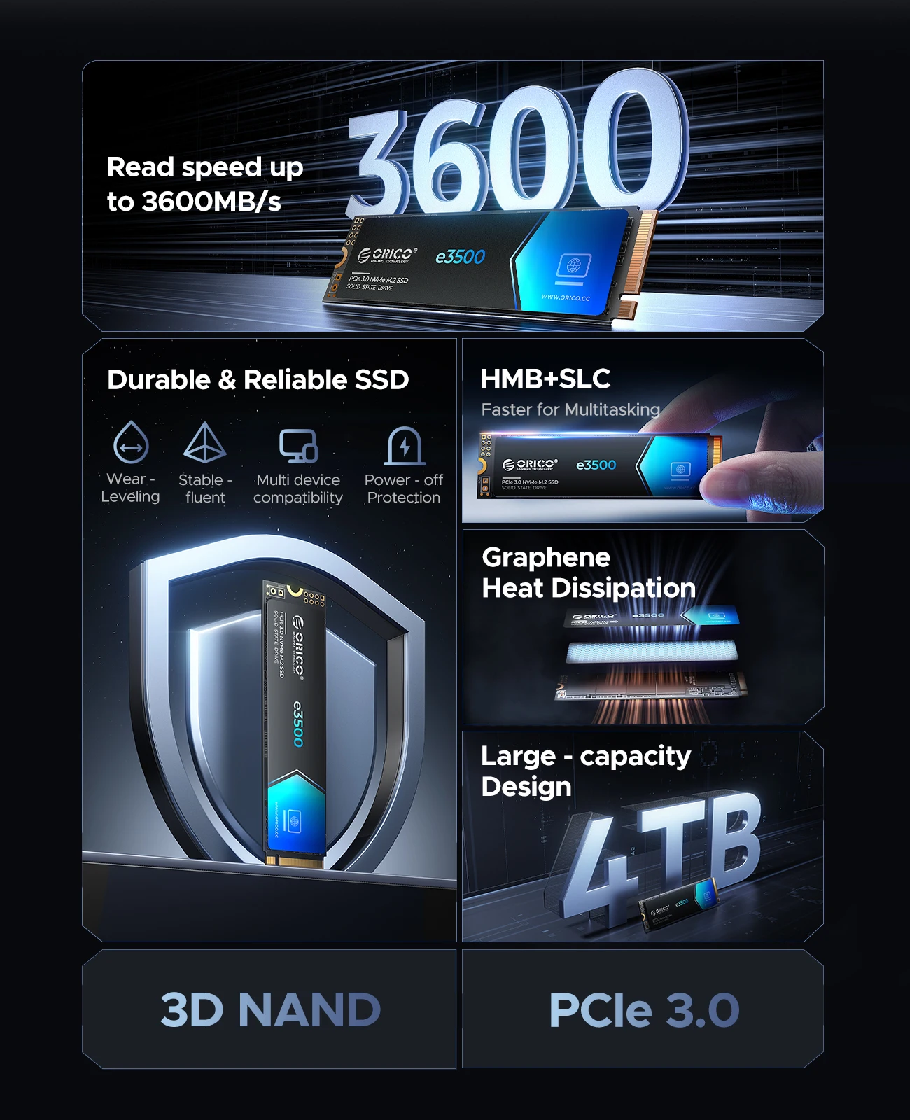ORICO e3500 M.2 NVMe SSD 1TB PCIe3.0 3500MB/s 2280 PCIe Gen3x4 NVMe Internal Solid State Drive for Laptop/Desktop 3D NAND 5 Yeas ORICO e3500 M.2 NVMe SSD 1TB PCIe3.0 3500MB/s 2280 PCIe Gen3x4 NVMe Internal Solid State Drive for Laptop/Desktop 3D NAND 5 Yeas