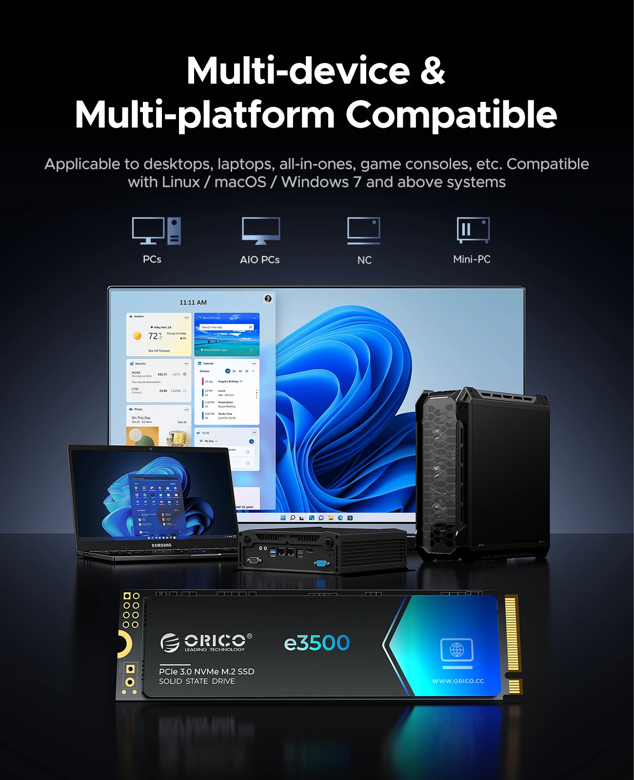 ORICO e3500 M.2 NVMe SSD 1TB PCIe3.0 3500MB/s 2280 PCIe Gen3x4 NVMe Internal Solid State Drive for Laptop/Desktop 3D NAND 5 Yeas