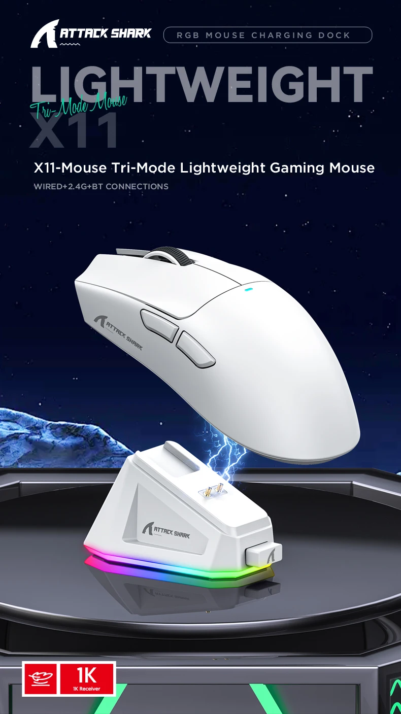 ATTACK SHARK X11 Lightweight Wireless Gaming Mouse with RGB Backlight Charging, Up to 22K DPI, PAW3311 Optical Sensor, HUYU Swit ATTACK SHARK X11 Lightweight Wireless Gaming Mouse with RGB Backlight Charging, Up to 22K DPI, PAW3311 Optical Sensor, HUYU Swit