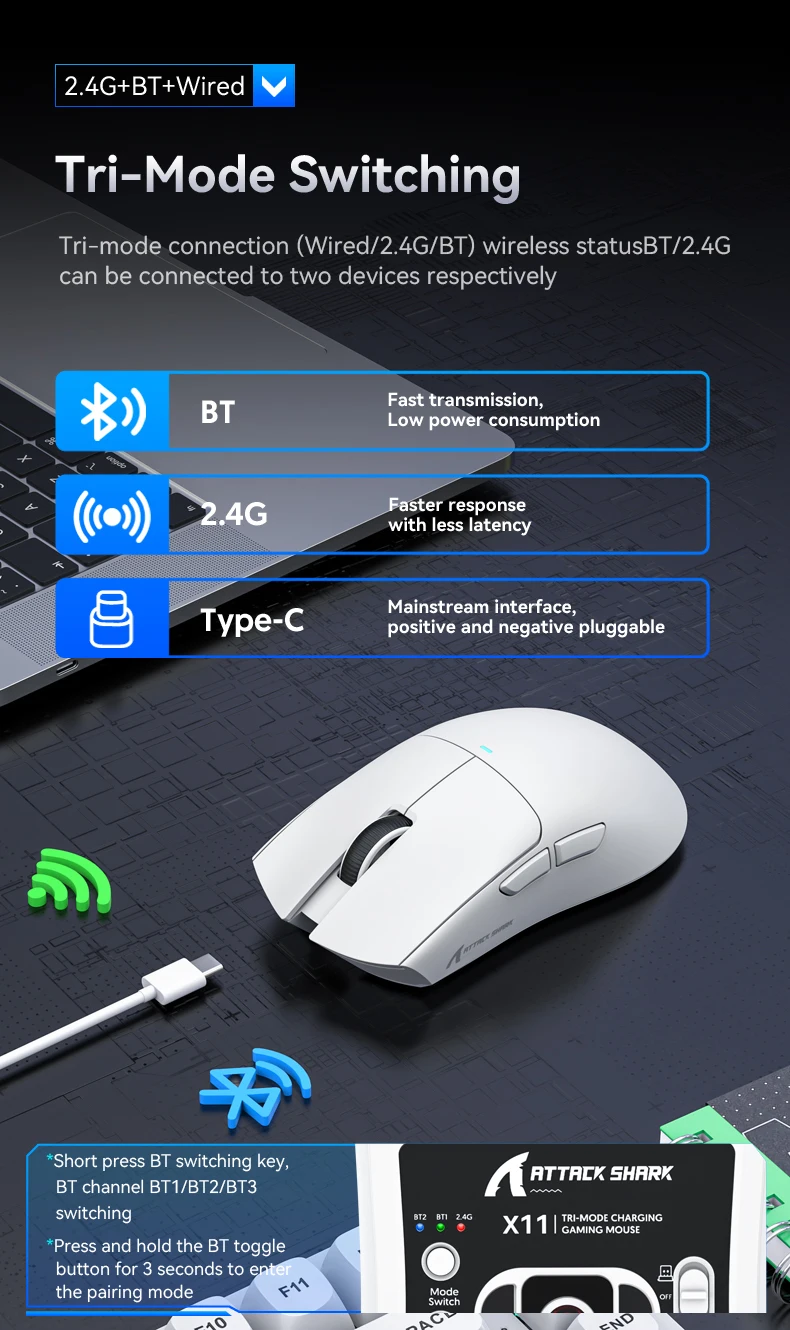 ATTACK SHARK X11 Lightweight Wireless Gaming Mouse with RGB Backlight Charging, Up to 22K DPI, PAW3311 Optical Sensor, HUYU Swit ATTACK SHARK X11 Lightweight Wireless Gaming Mouse with RGB Backlight Charging, Up to 22K DPI, PAW3311 Optical Sensor, HUYU Swit