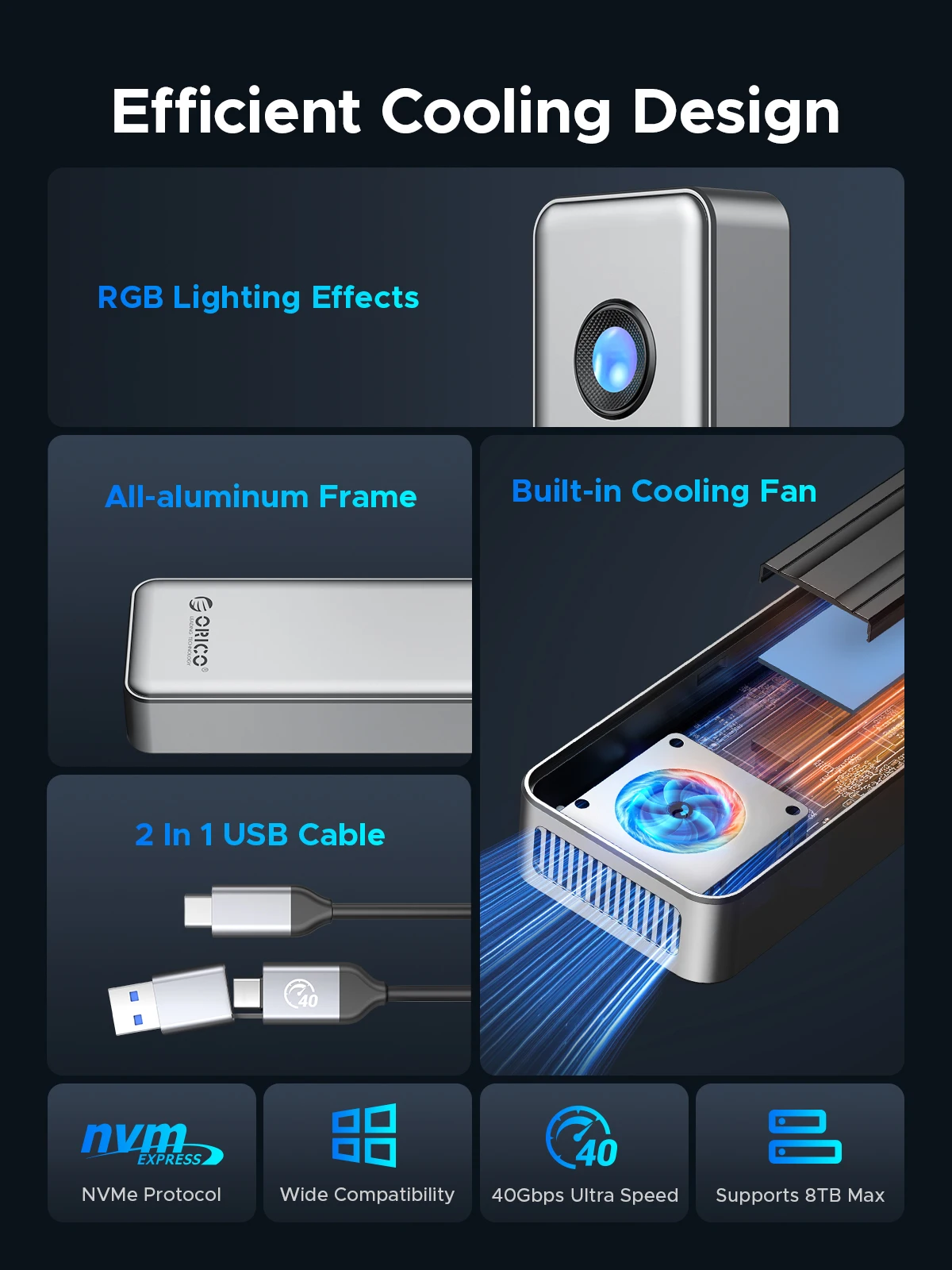 ORICO RGB 40Gbps USB4 M.2 SSD Enclosure 8TB with with Cooling Fan PCIe4.0 NVME Enclosure Aluminum Compatible Thunderbolt 3/4 ORICO RGB 40Gbps USB4 M.2 SSD Enclosure 8TB with with Cooling Fan PCIe4.0 NVME Enclosure Aluminum Compatible Thunderbolt 3/4