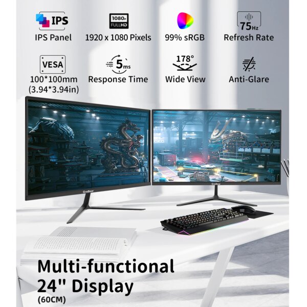 GreBear IPS Computer Monitor 24 Inch, FHD 1080p PC Monitor 5ms(GTG) 99% sRGB,Ultra Slim, LED Low Blue Light An - Image 2