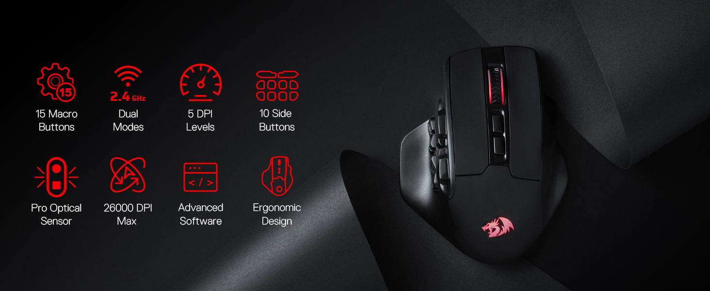 Redragon M811 PRO Wireless MMO Gaming Mouse, 15 Programmable Buttons RGB Gamer Mouse, 10 Side Macro Keys Redragon M811 PRO Wireless MMO Gaming Mouse, 15 Programmable Buttons RGB Gamer Mouse, 10 Side Macro Keys
