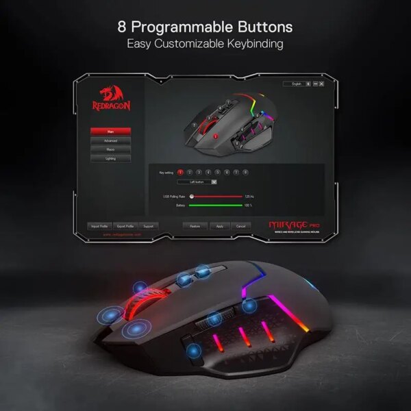 Redragon M690 PRO Wireless Gaming Mouse 8000 DPI Wired Mouse Rapid Fire Key 8 Macro Buttons for PC/Mac/Laptop, Black/White Mouse - Image 3