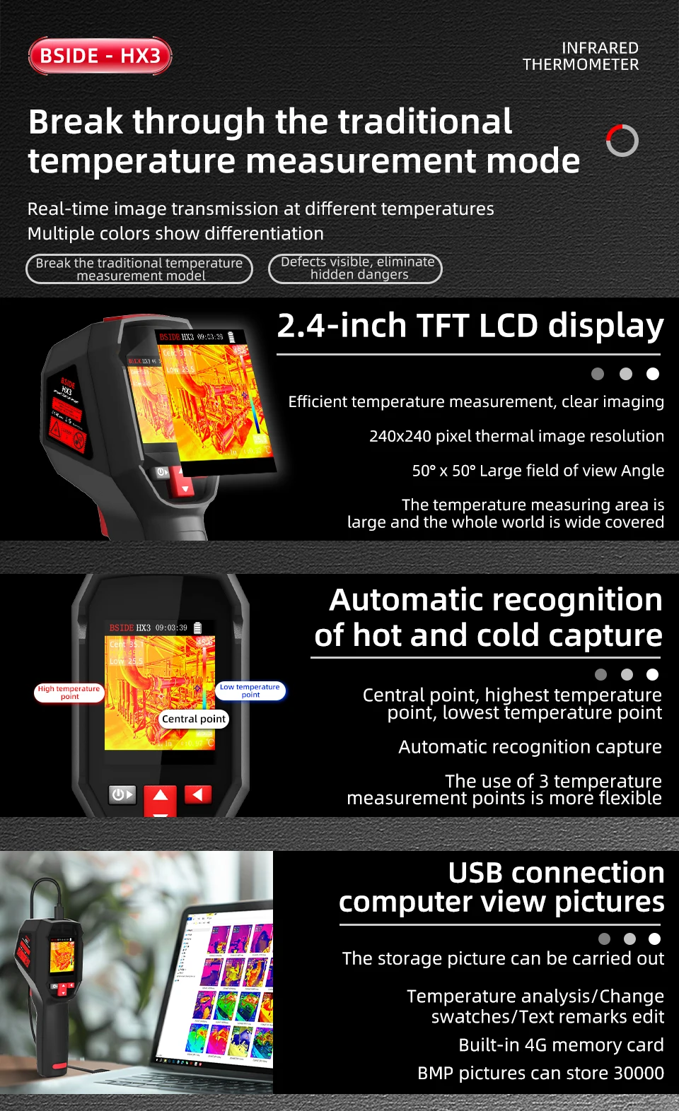 BSIDE NEW Thermal Imager Camera HX1 HX3 Laser Thermographic HD Resolution For Circuit PCB Repair Pipeline Detection Medical