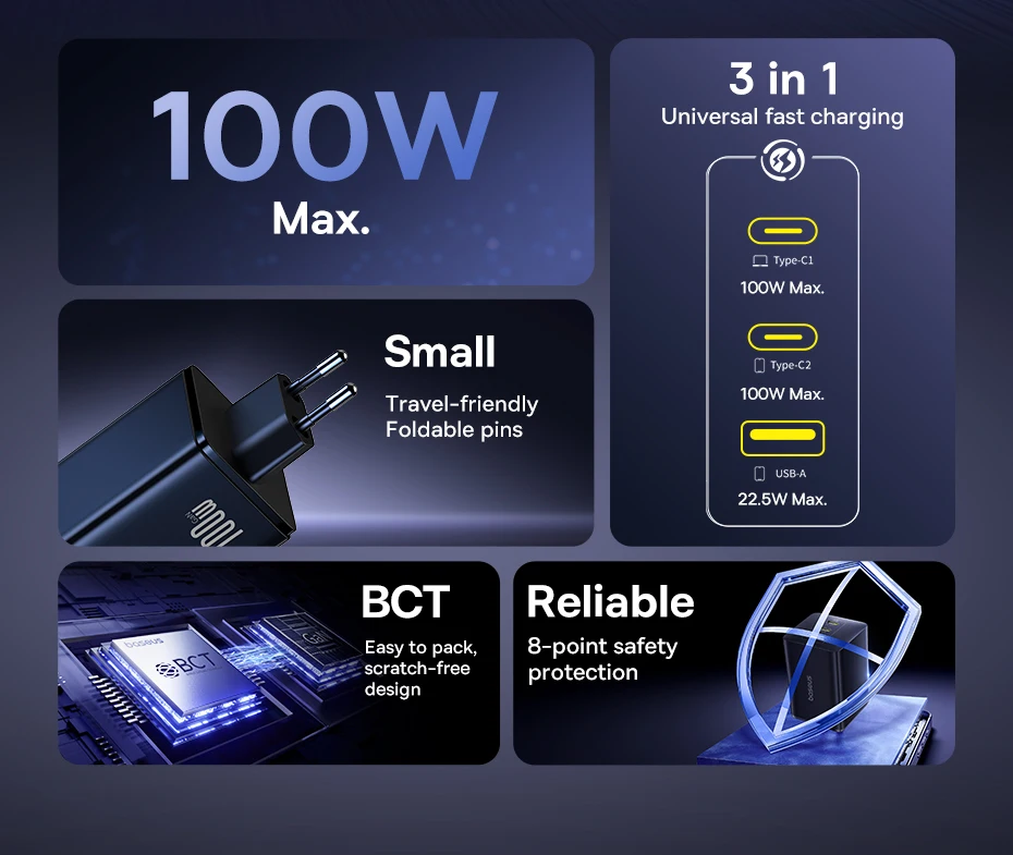 Baseus Fast Charger PD 100W Type C USB EU Charger Support Portable Fast Charger for Huawei iPhone 16 15 14 13 Laptop Charger