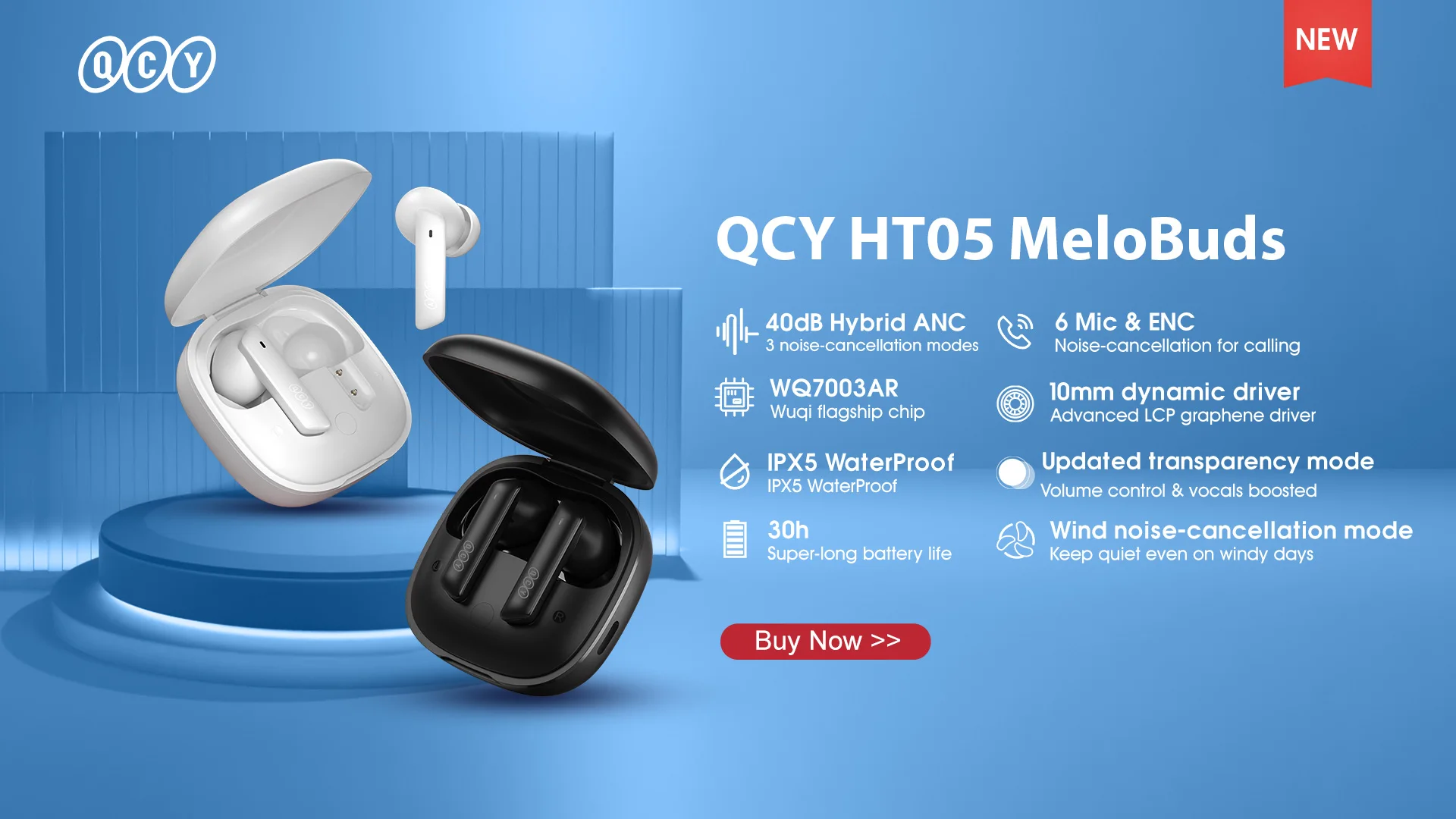 NEW QCY HT05 ANC Wireless TWS Bluetooth 5.2 Earphones 40dB Active Noise Cancellation Headset 6 Mic ENC HD Call TWS Earbuds