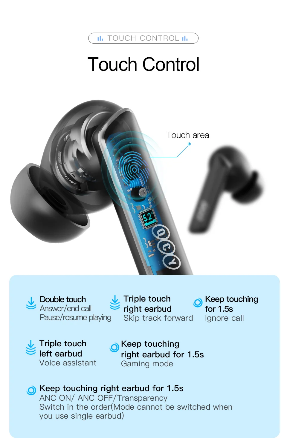 NEW QCY HT05 ANC Wireless TWS Bluetooth 5.2 Earphones 40dB Active Noise Cancellation Headset 6 Mic ENC HD Call TWS Earbuds
