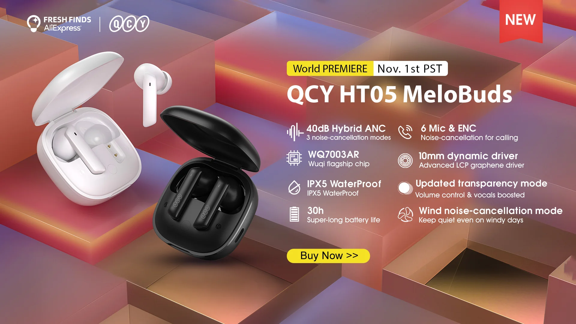 NEW QCY HT05 ANC Wireless TWS Bluetooth 5.2 Earphones 40dB Active Noise Cancellation Headset 6 Mic ENC HD Call TWS Earbuds