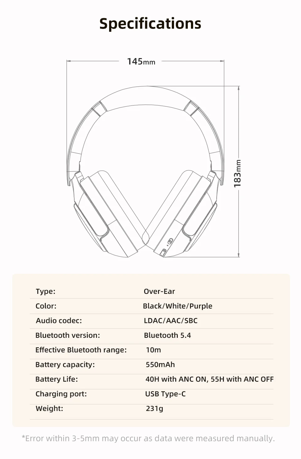 QCY H3 Pro ANC Wireless Headphone 50dB Noise Canceling Hi-Res Spatial Audio Earphone with LDAC Bluetooth 5.4 Over Ear Headset