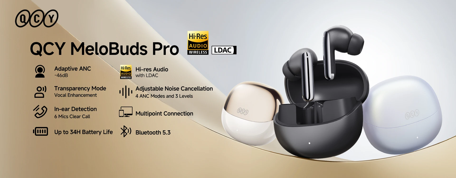 QCY MeloBuds Pro ANC Wireless Bluetooth Earphones 46dB Hybrid ANC Hi-Res LDAC Bluetooth 5.3 Earbuds 6 Mic 34H Playtime
