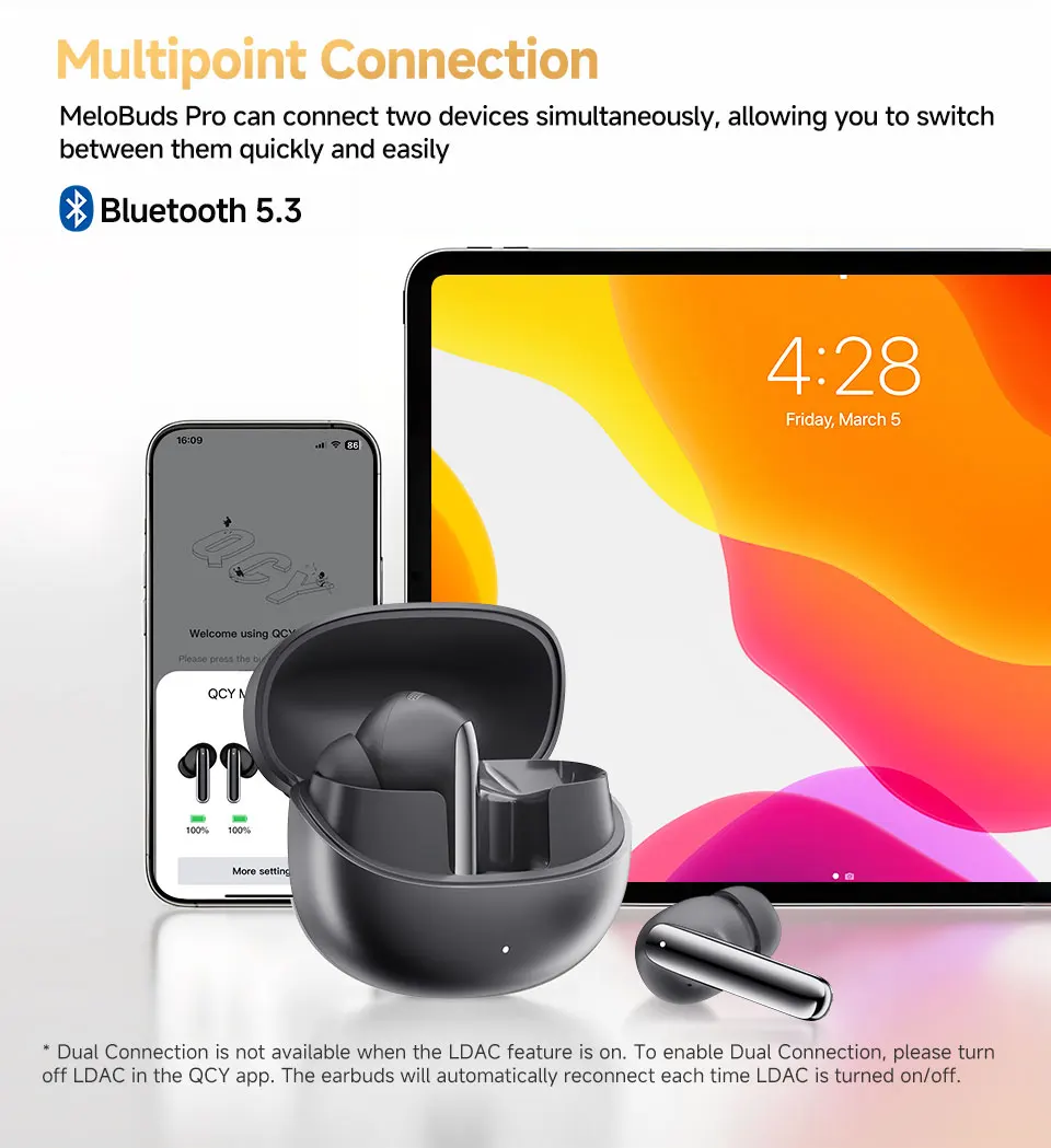 QCY MeloBuds Pro ANC Wireless Bluetooth Earphones 46dB Hybrid ANC Hi-Res LDAC Bluetooth 5.3 Earbuds 6 Mic 34H Playtime