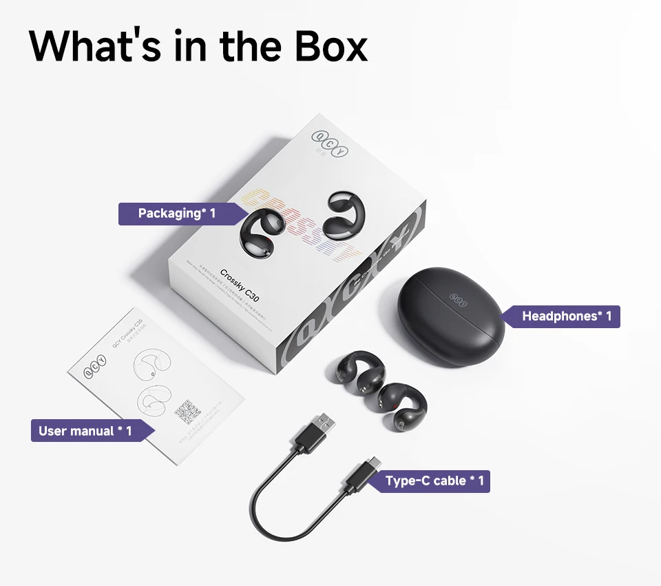 QCY Crossky C30 Wireless Earphones Bluetooth 5.4 Ear clip TWS Sports Earbuds Open Ear Earclip Dual-Connection Headphone