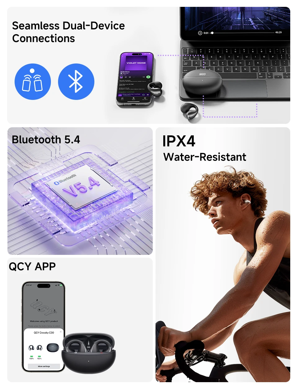 QCY Crossky C30 Wireless Earphones Bluetooth 5.4 Ear clip TWS Sports Earbuds Open Ear Earclip Dual-Connection Headphone