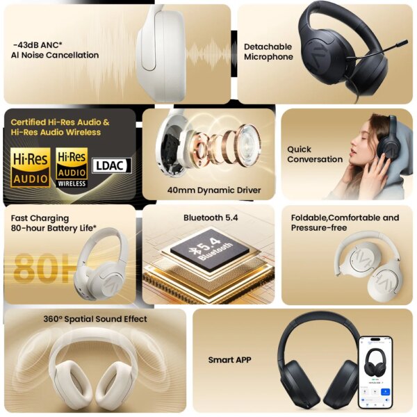 HAYLOU S30 Wireless Bluetooth 5.4 Headphones 43dB Adaptive Noise Cancelling Headsets 40mm Driver 80H Playtime Earphones - Image 2