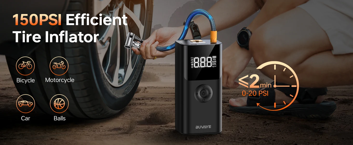BUVAYE 4 In 1 2500A Portable Jump Starter Power Bank 150PSI Air Pump Booster Car Battery 12V Car Battery Starter Powerbank