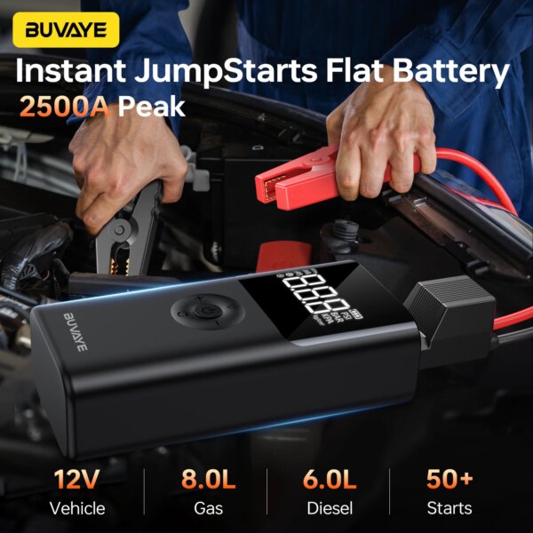 BUVAYE 4 In 1 2500A Portable Jump Starter Power Bank 150PSI Air Pump Booster Car Battery 12V Car Battery Starter Powerbank - Image 2