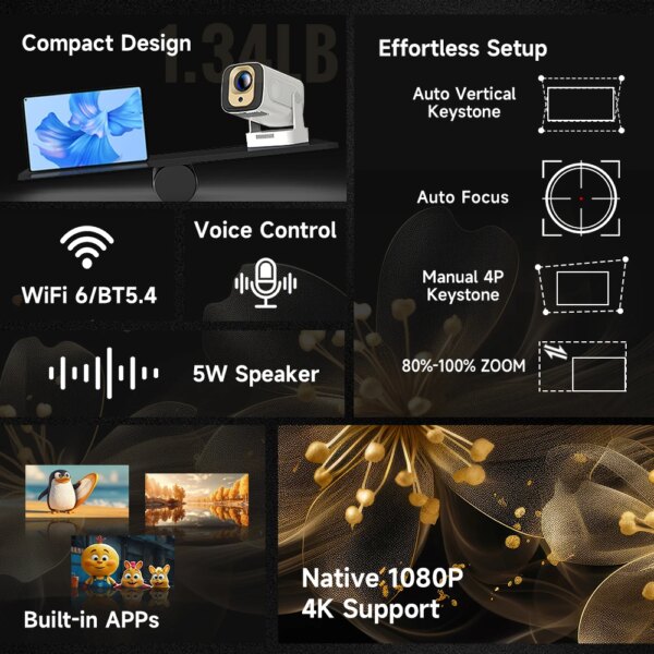 Magcubic HY310 Mini Projector for Outdoor Movies Auto Focus 1080P 330ANSI Android 11 WiFi6 BT5.4 4K with Air Mouse Voice Remote - Image 2